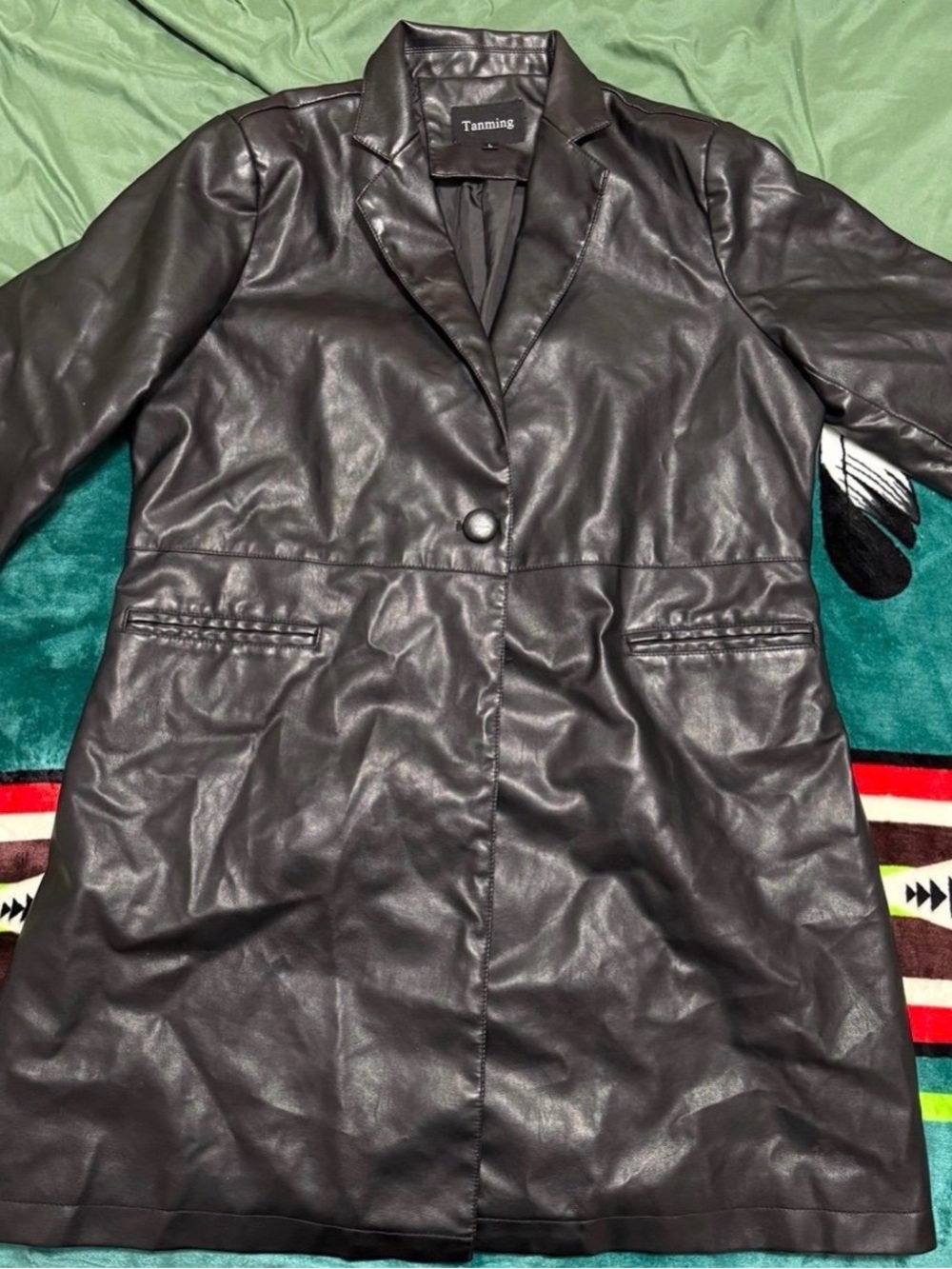 Tanmng Black Faux Leather Long Blazer Coat